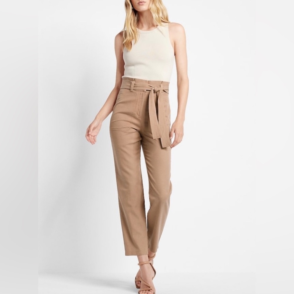 NWT Express Tan/Light BrownSuper High Rise Ankle Paper Bag Waist Pants Size 10